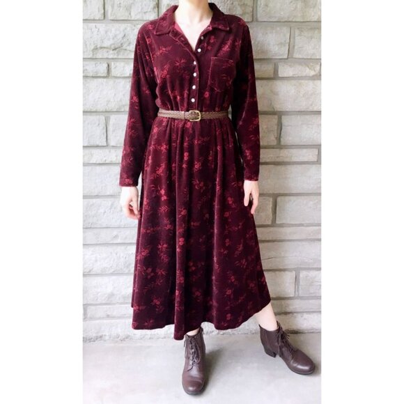 Vintage L.L. Bean - Burgundy Velvet Floral Button Down Dress - Picture 1 of 6